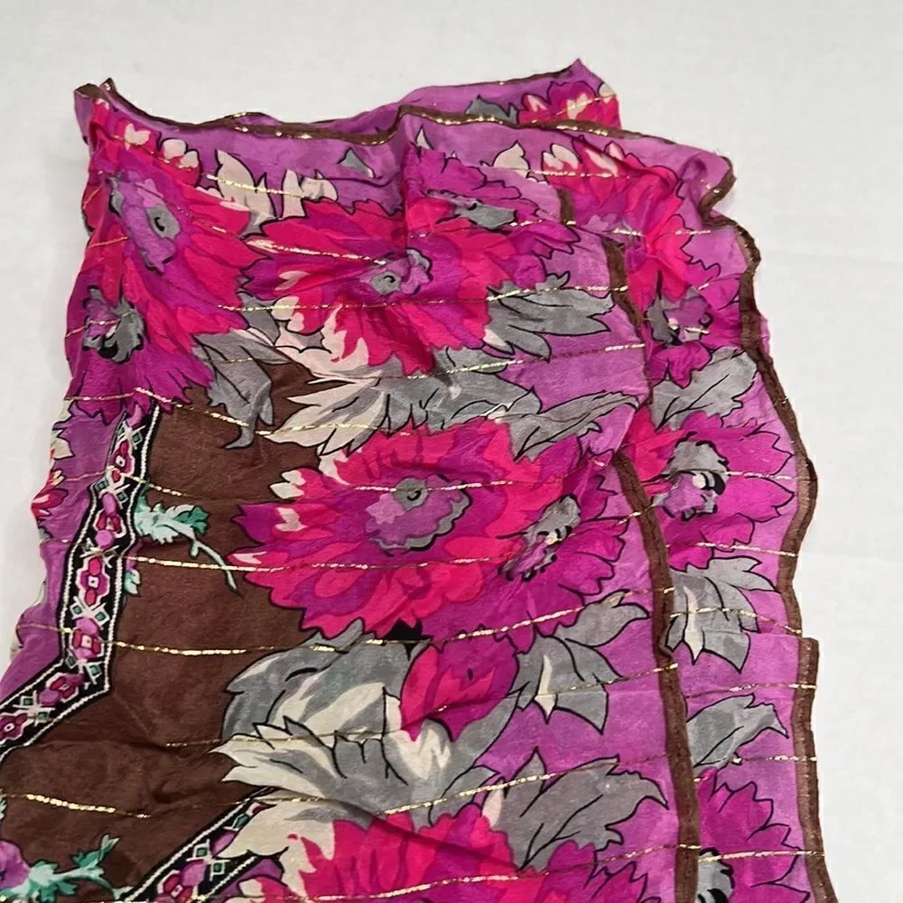 Oscar De la Renta brown and purple silk scarf with metallic details